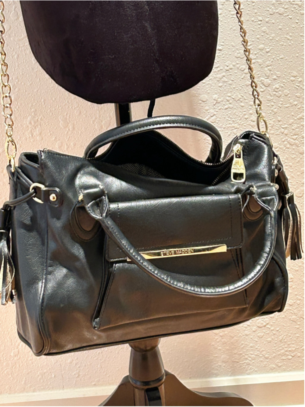 Women's Steve Madden Black Gold Satchel Bag 13 x 11 x 6
